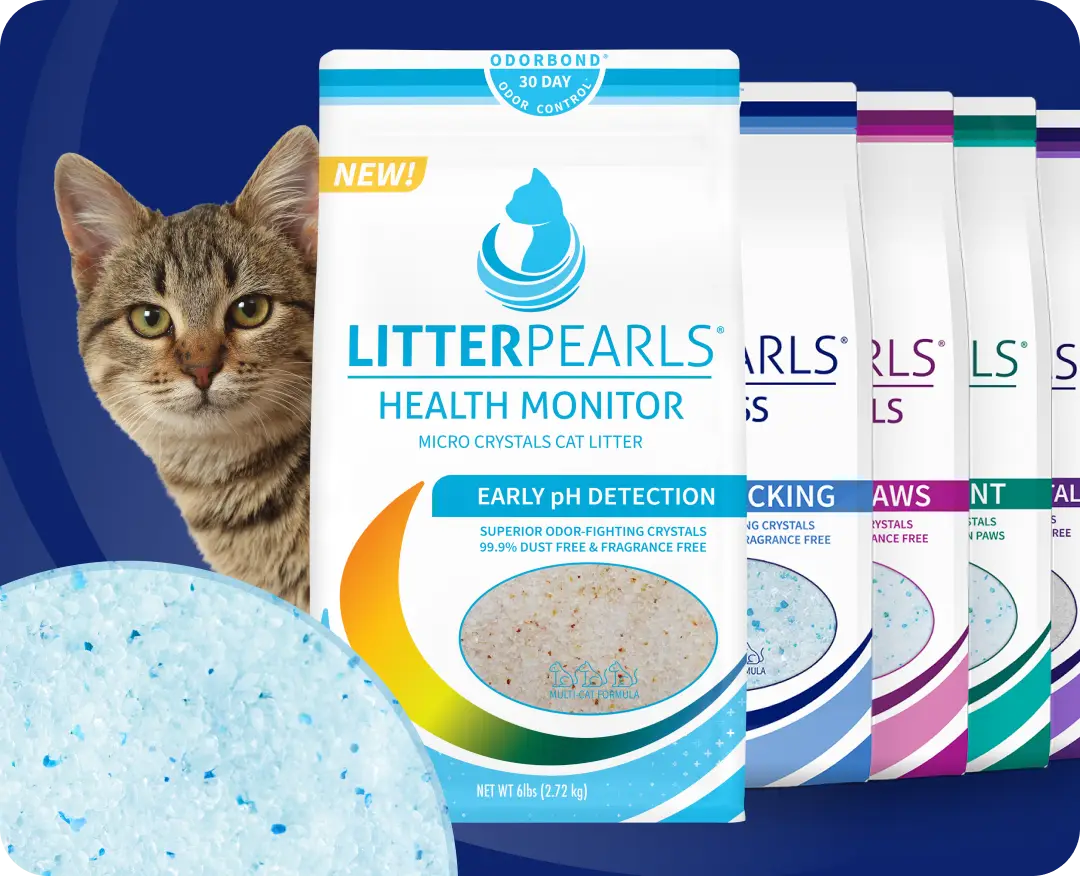 LitterPearls bag features health-monitor cat litter, positioned beside a tabby cat on a blue background.